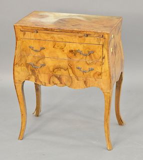 Burlwood small commode (water stained top and back). ht. 28 in., top: 13 1/2" x 22" 
Provenance: From an estate in Lloyd Harbor, Lon...