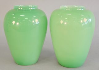 Pair of green jade art glass vases, attributed to Steuben. ht. 9 in.