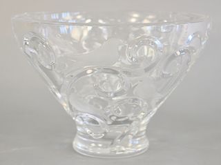 Large Lalique crystal bowl having scrolling vine and frosted bird design, marked on foot: Lalique France (chip on interior rim). 
he...