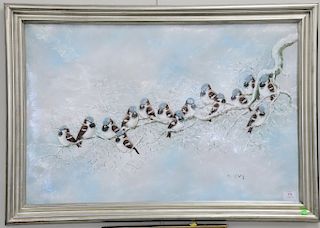 Max Karp (1916-1999), enameled copper, Chickadees in the Winter, signed lower right M. Karp, 24" x 36". 
Provenance: Estate from Lon...