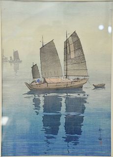 Set of three Japanese colored woodblock prints, two of snowy mountains and one of sailing vessel in calm water. 20" x 14" and 14" x ...