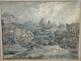 Attributed to Jean-Baptiste Pillement (1728-1808), watercolor on paper, landscape paintings, herding rams with ruins and col...