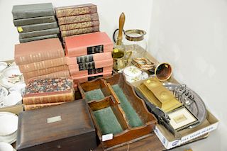 Group of items to include Australia copper and brass horn, brass bell, knife tray, inkwell, and a group of leather and cloth bound b...