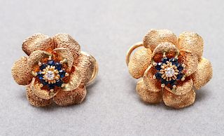14K Gold Diamond & Sapphires Floral Earrings Pr