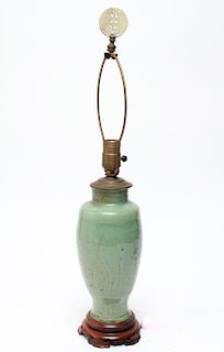 Chinese Celadon Porcelain Vase Lamp w Jade Finial