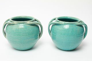J. B. Cole NC Blue Glaze Rotund Pottery Vases, Pr