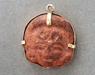 14K Gold Olmec Culture Terracotta Face Pendant