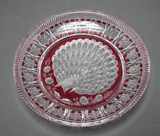 Peacock Cut to Clear Cranberry Glass Plate