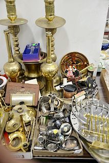 Group lot to include pair of large brass candlesticks, copper and brass pots, silverplate, spoon sculpture, brass, etc.