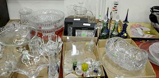 Seven tray lots including cut glass center bowl, Simon Pearce bowl, four Oleg Cassini candlesticks, pair of large Irish rose bowls, ...