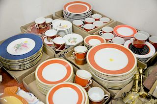 Six tray lots of porcelain to include Fitz Floyd dinner plates and matching cup, two sets of luncheon plates, Philippe Deshoulieres ...