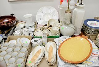 Five tray lots of porcelain and china to include Fitz Floyd cups and saucers, corn holders, Spode, Lenox, three table lamps, Sweden ...