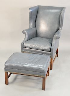 Southwood blue leather Chippendale style wing chair. ht. 43 in.