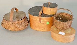 Five piece lot to include three oval covered boxes and two small baskets (one basket with a hole). ht. 2 in. to 5 in.