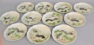 Set of ten Boisey Le Roi French Majolica rabbit plates in varying outdoor settings marked B&H Boisey Le Roi France (along with one broken plate). dia.