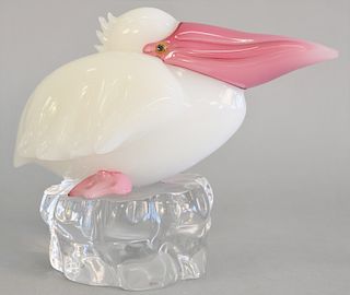 Pino Signoretto Murano pelican, clear white and pink Murano glass, signed Pino Signoretto (repair to tip of beak). ht. 9 1/4 in., wd. 12 1/2 in.