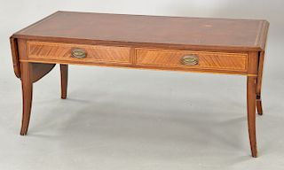 Margolis mahogany Federal style drop leaf coffee table with leather top and two drawers. ht. 19 in., top: 20" x 42"