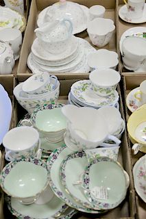 Two tray lots of Shelley Polka Dot china cups, saucers, and plates, cups and saucer with blue flowers and cups and saucers with gree...