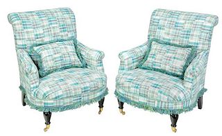 Pair Regency Style Plaid Upholstered Club Chairs