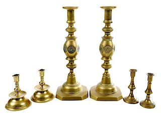 Six Brass Candle and Tapersticks