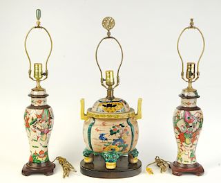 Three Asian Porcelain Famille Jaune Lamps