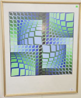 Victor Vasarely (1908-1997), color silk screen, blue and green squares, signed and numbered in pencil 74/250. 25" x 25"