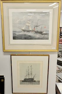 Two framed marine colored lithographs to include "The Last Journey of Victory 1922" after Harold Wyllie (plate size 18" x 15") and "...