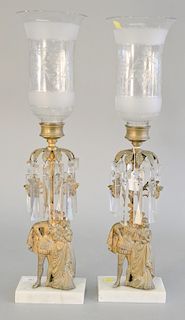 Pair of Victorian figural brass girandoles with etched glass shades. ht. 25 in.
