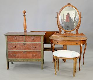 Five piece group of furniture to include painted chest, birdseye maple vanity and mirror, bench, and George IV leather top writing t...