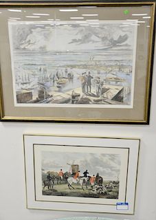 Group of four large prints and engravings to include "The Meet", engraved by C.R. Stock; Harper's Weekly "Liberty Enlightening the W...