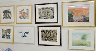 Group of fifteen framed contemporary lithographs/engravings to include three Sharron Bliss Contemporary colored lithographs, pencil ...