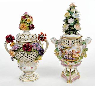 Two Floral Porcelain Lidded Potpourri Urns