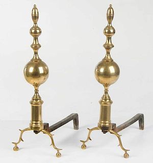 Large Pair Federal Style Brass Andirons