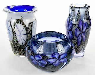 Three Lotton Art Glass Floral Motif Vases