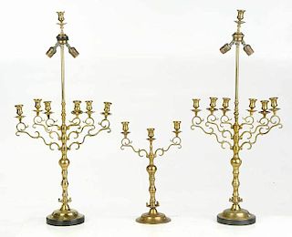 Three Piece Baroque Style Brass Candelabra