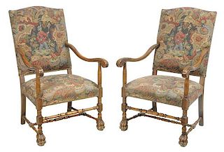 Pair Flemish Baroque Style Open Armchairs