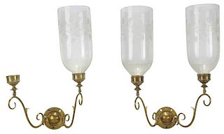 Pair Brass Sconces with Three Glass Shades