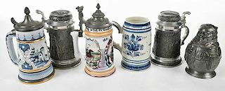 Six Pewter and Ceramic Steins