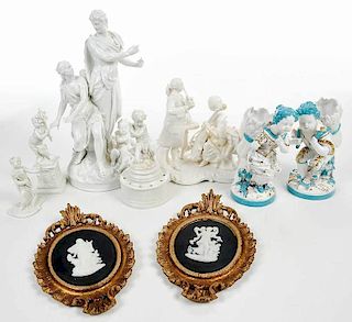 Nine Creamware Figurines and Limoges Plaques