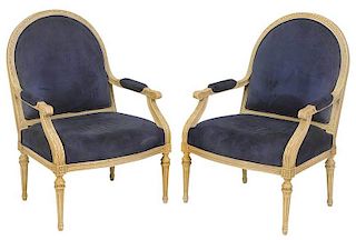 Pair Louis XVI Style Upholstered Open Armchairs