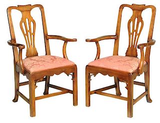 Pair Chippendale Style Fruitwood Open Armchairs