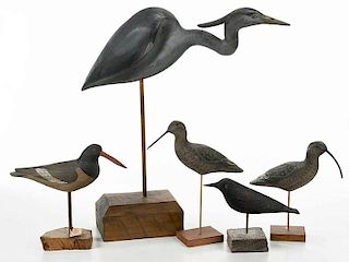 Five Wooden Painted Shore Birds on Stands