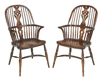 Pair Windsor Style Open Armchairs