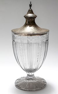Meriden Silver Lid Large Etched Glass Urn C. 1900