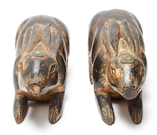 Thai Carved & Gilt Wood Rabbit Sculptures Pair