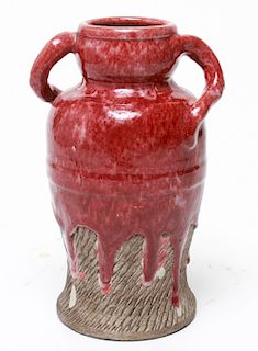 Japanese Kyoto Awaji Burgundy Glazed Pottery Vase