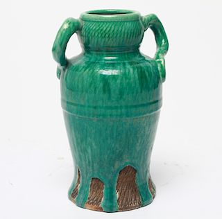 Japanese Kyoto Awaji Green Glazed Pottery Vase