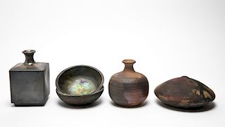Raku Art Pottery Vases & Bowls, 5 Pcs.