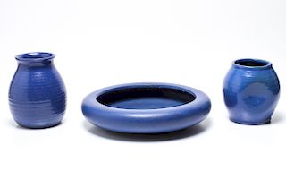 Modern Blue Art Pottery Vessels, Group of 3
