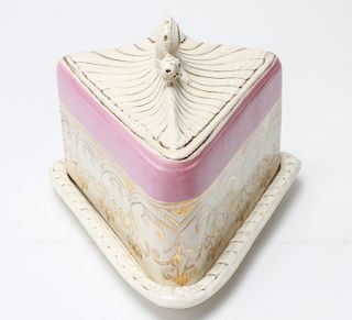 Ceramic Cheese Dome w Gilt & Pink Decoration